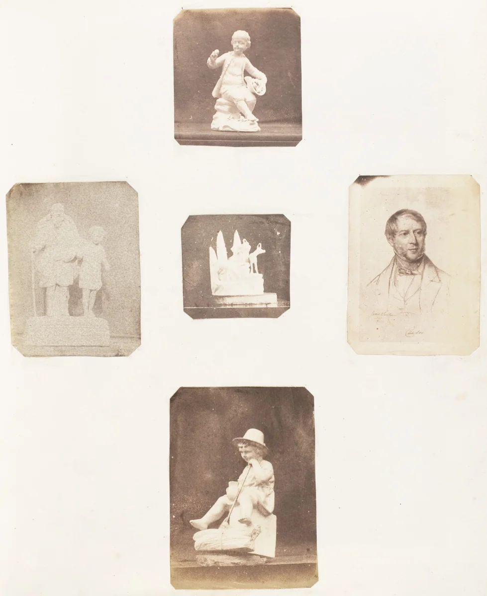 [Figurine of Young Boy Holding Apples; Cabinet Card of a Man; Figurine of a Young Child with a Hat; Sculpture of a Man with Child; Sculpture with Animal] by John Dillwyn Llewelyn, photograph, 1853-1856