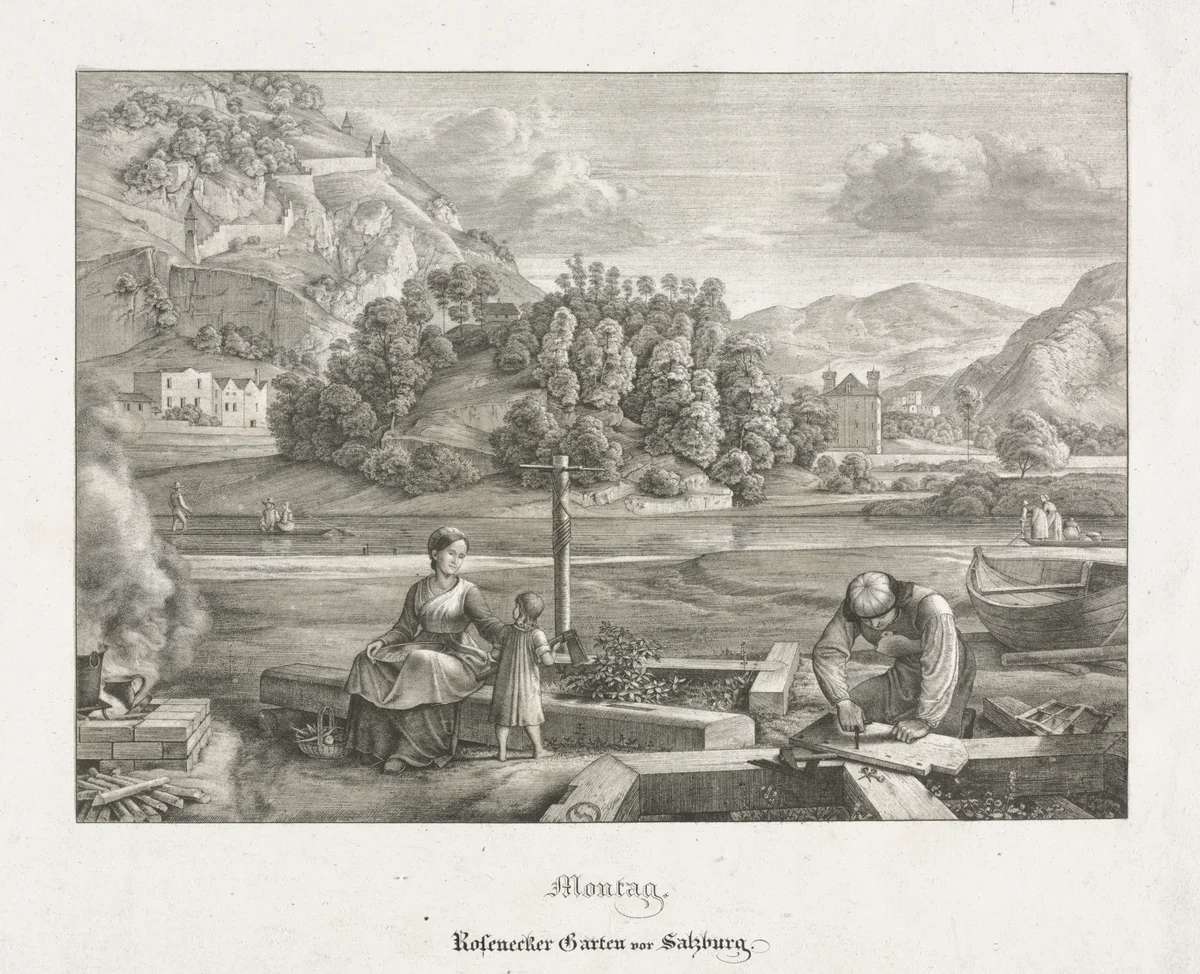 Seven Views in Salzburg and Berchtesgaden: Monday: Rosenecker Garden Salzburg by Ferdinand Olivier, print, 1823