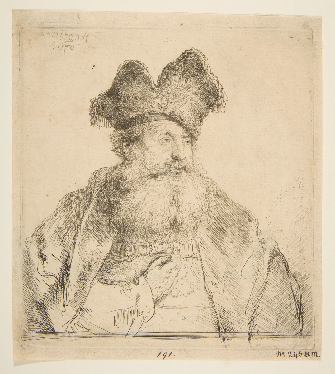 Old Man with a Divided Fur Cap by Rembrandt van Rijn, print, 1640