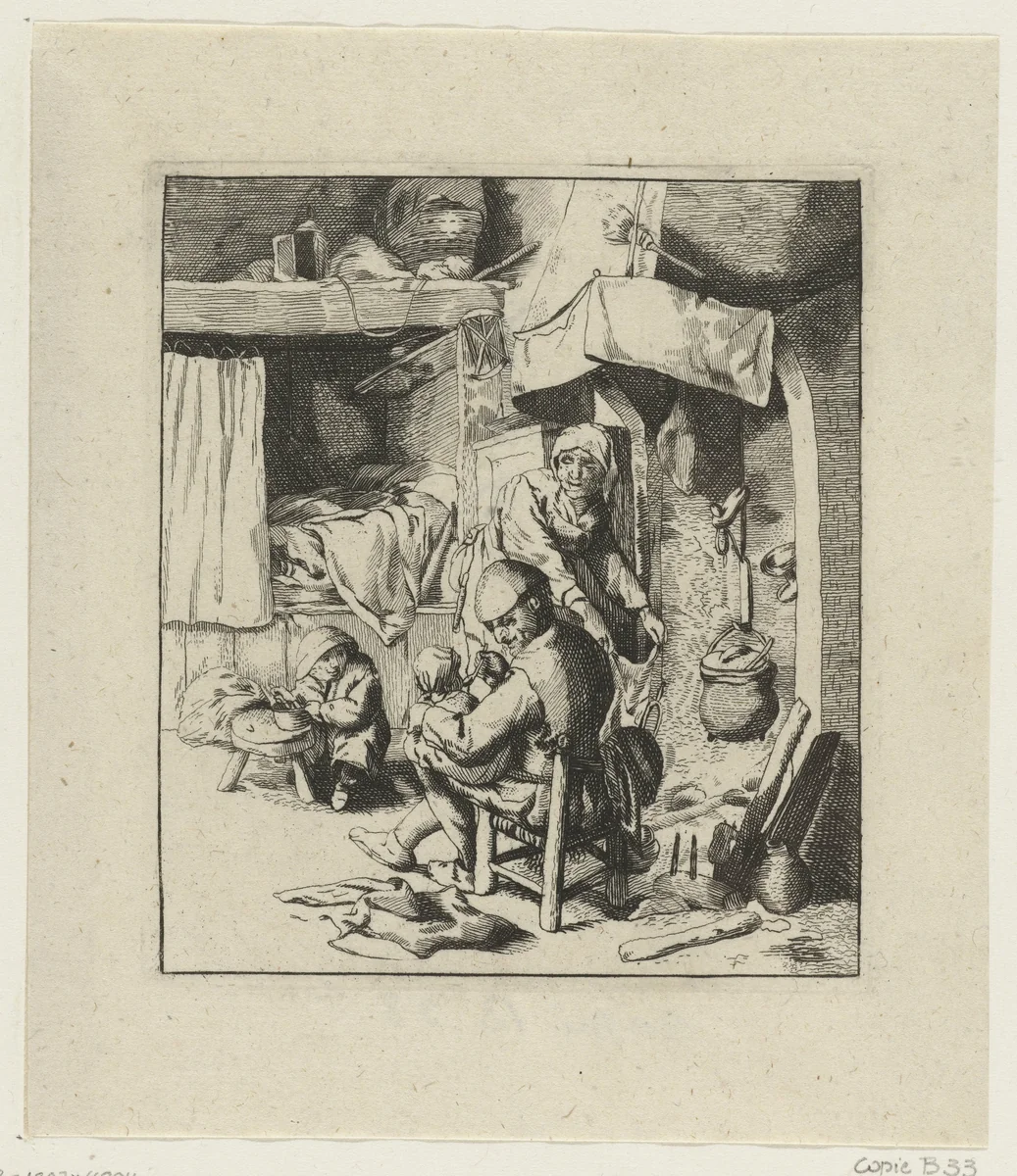 Vader met kind op schoot in interieur by anonymous, print, 1648-1745