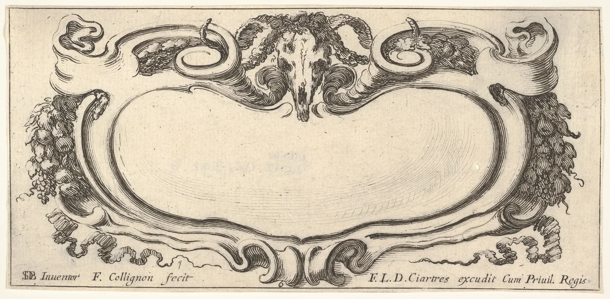 Plate 6: a cartouche with a ram skull at top center, grapes and other fruits to either side, from "Twelve cartouches" (Recueil de douze cartouches) by François Collignon, print, 1640-1645