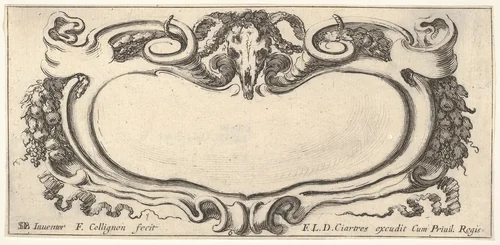 Plate 6: a cartouche with a ram skull at top center, grapes and other fruits to either side, from "Twelve cartouches" (Recueil de douze cartouches) by François Collignon, print, 1640-1645