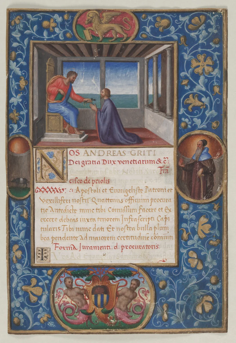 Leaf from a Commission: St. Mark Giving the Keys of Venice to Francesco de Priuli by Benedetto Bordone, manuscript, 1518-1529