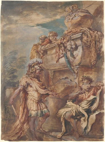 Alexander at the Tomb of Cyrus by Giovanni Benedetto Castiglione, drawing, 1650