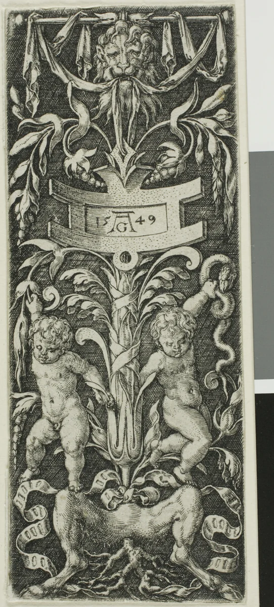 Panel of Ornament with Two Nude Boys Standing on the Legs of a Satyr by Heinrich Aldegrever, print, 1549