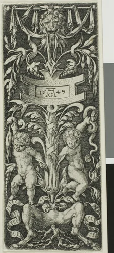 Panel of Ornament with Two Nude Boys Standing on the Legs of a Satyr by Heinrich Aldegrever, print, 1549
