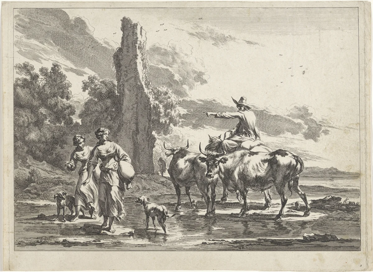 Herder en herderinnen in een voorde by Jan de Visscher, print, 1643-1692