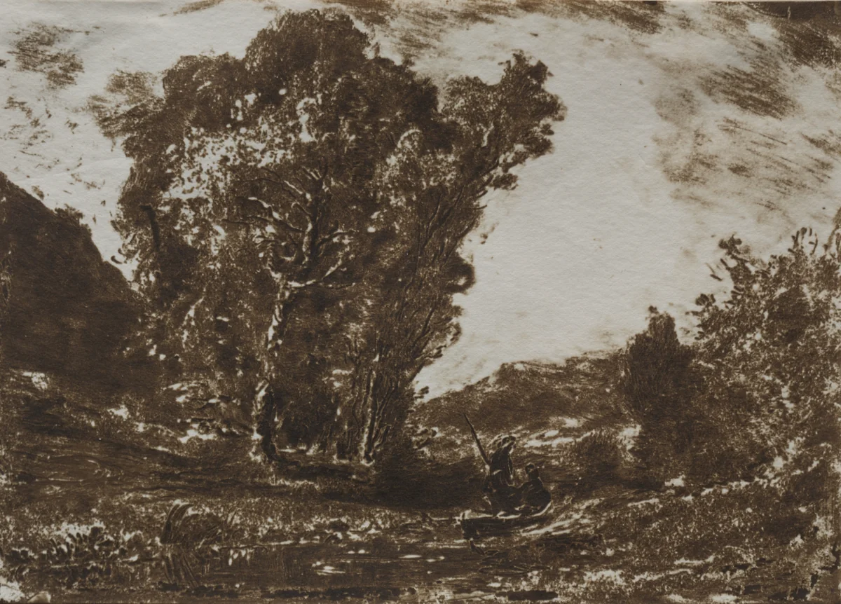 Two Boatmen in a Marsh near a Cluster of Trees by Henri-Joseph-Constant Dutilleux, print, 1852-1862