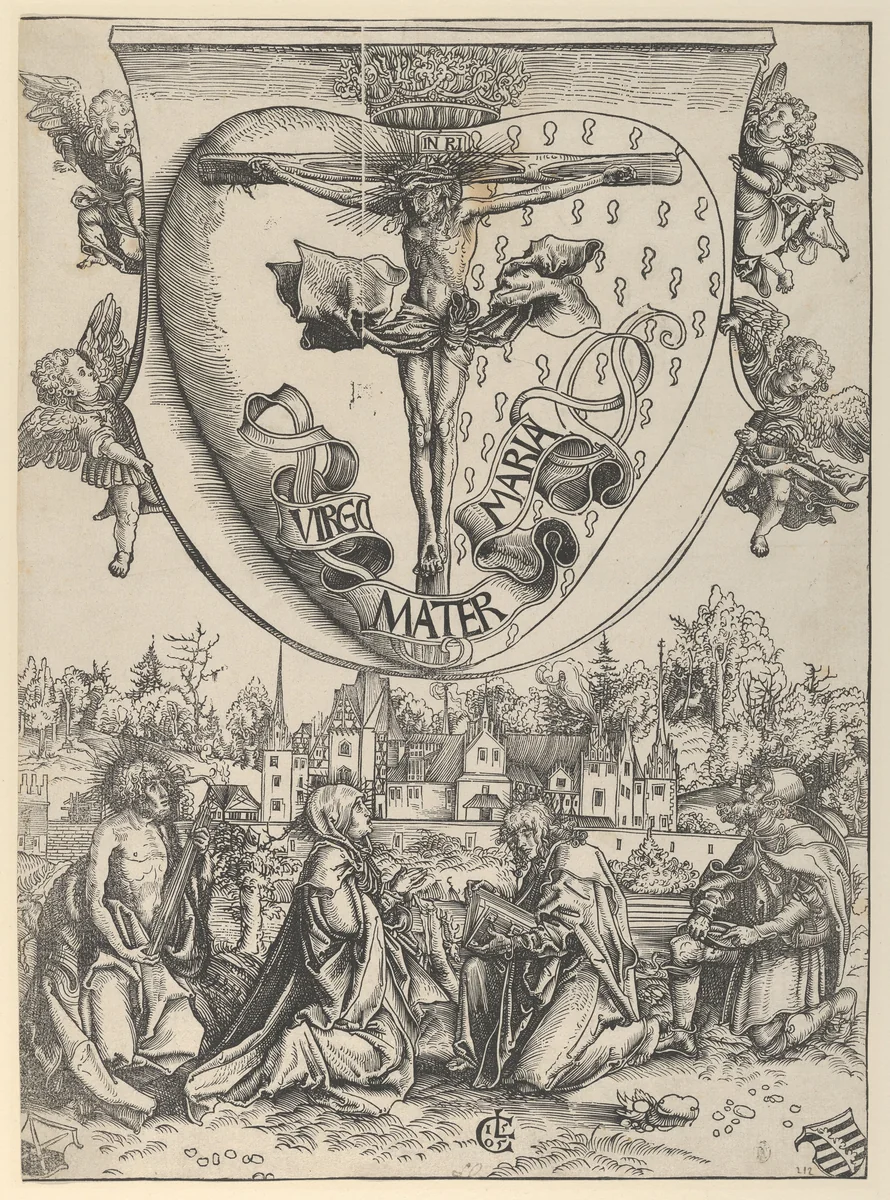 Four Saints Adoring Christ Crucified on the Sacred Heart by Lucas Cranach, print, 1505