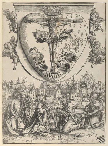 Four Saints Adoring Christ Crucified on the Sacred Heart by Lucas Cranach, print, 1505