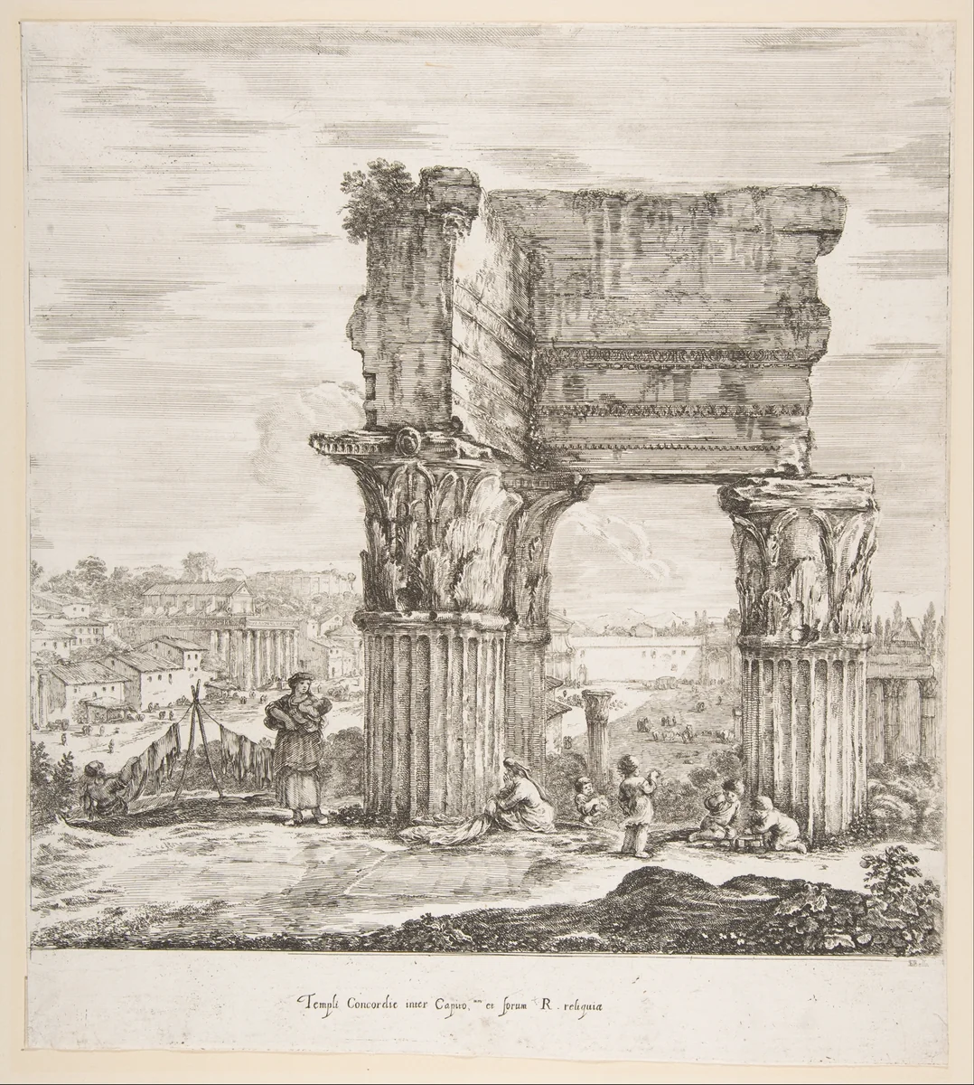 The Temple of Vespasian and the Roman Forum, from "Six large views, four of Rome, and two of the Roman countryside" (Six grandes vues, dont quatre de Rome et deux de la Campagne romaine) by Stefano della Bella, print, 1656