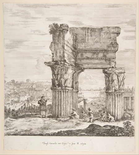 The Temple of Vespasian and the Roman Forum, from "Six large views, four of Rome, and two of the Roman countryside" (Six grandes vues, dont quatre de Rome et deux de la Campagne romaine) by Stefano della Bella, print, 1656