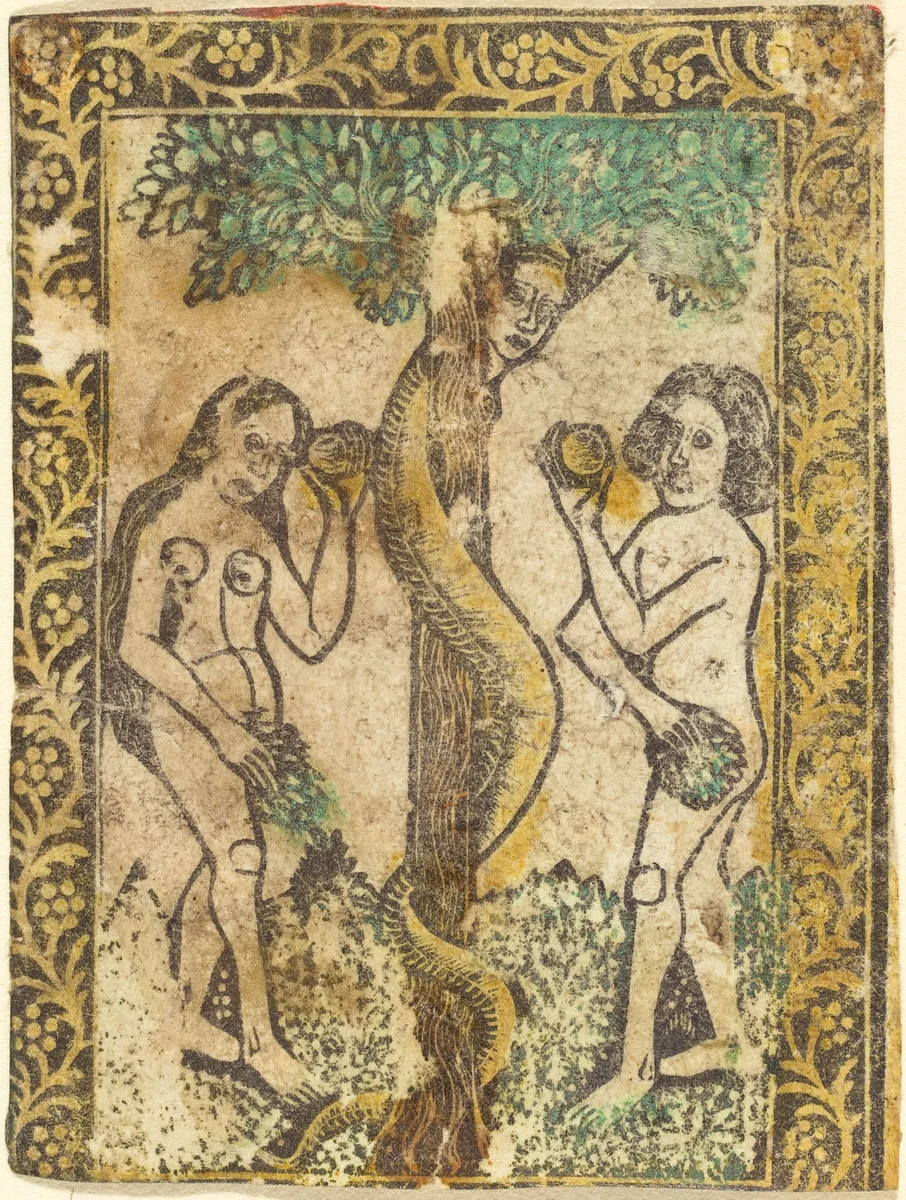 Adam and Eve by Master of the Borders with the Four Fathers of the Church, print, 1460-1480