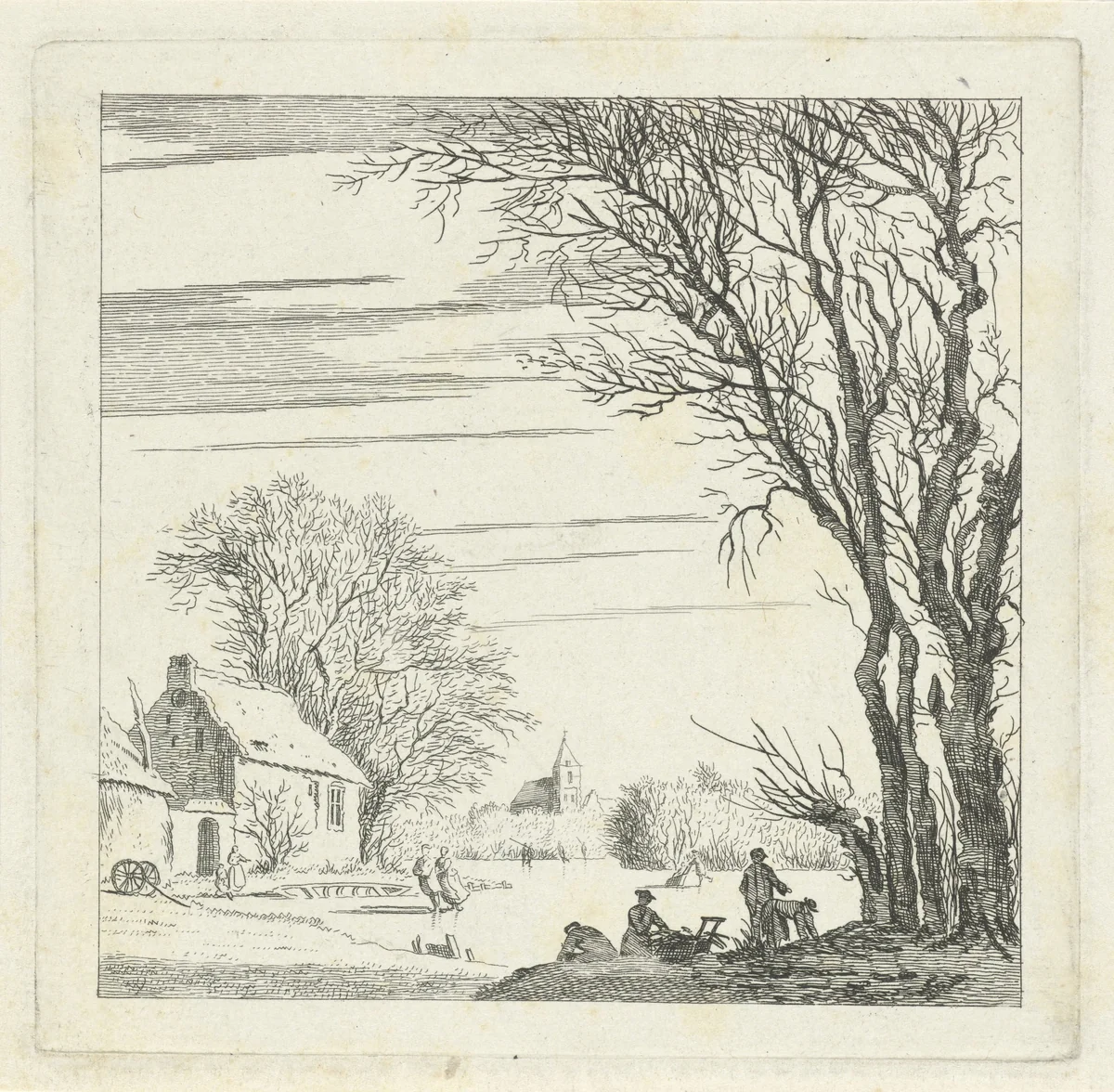 Winterlandschap met schaatsers by Paulus van Liender, print, 1741-1797