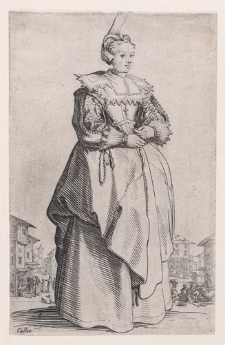 La Dame a la Petite Coiffe Relevée en Arrière (The Lady with the Hairstyle that is Lifted to the Back), from "La Noblesse" (The Nobility) by Jacques Callot, print, 1618-1628