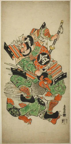 Sakata Kintoki Wrestling with a Tengu by Torii Kiyomasu I, print, 1710-1718