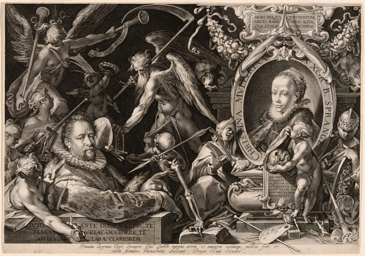 Portrait of Bartolomaeus Spranger with an Allegory of the Death of His Wife, Christina Müller by Aegidius Sadeler, print, 1600