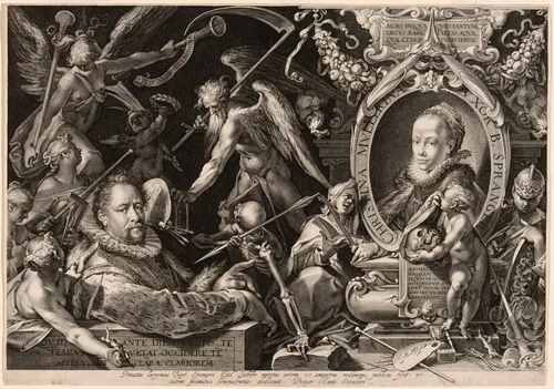 Portrait of Bartolomaeus Spranger with an Allegory of the Death of His Wife, Christina Müller by Aegidius Sadeler, print, 1600