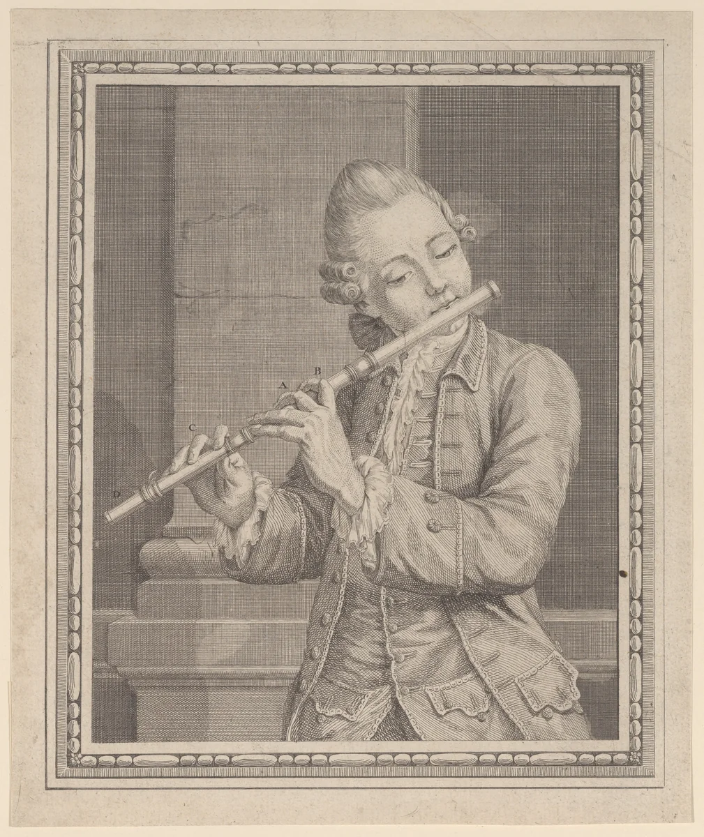 Player of a transverse flute by anonymous, print, 1700-1799