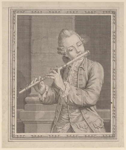Player of a transverse flute by anonymous, print, 1700-1799