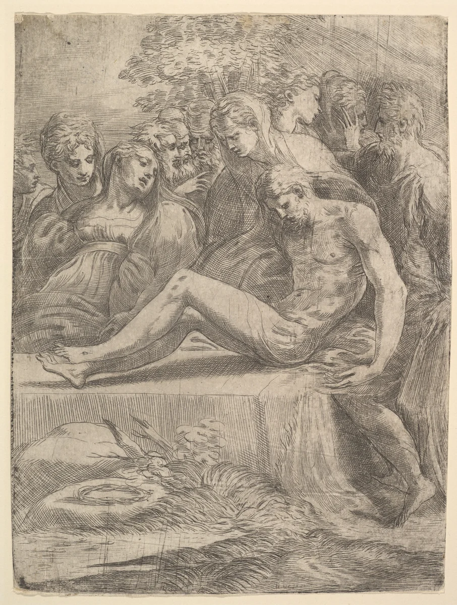 The lamentation over the dead Christ by Andrea Schiavone, print, 1540-1550