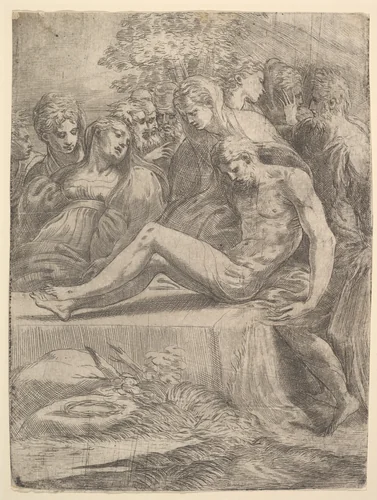 The lamentation over the dead Christ by Andrea Schiavone, print, 1540-1550