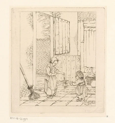 Twee meisjes spelend met een pop by Pieter de Mare, print, 1779