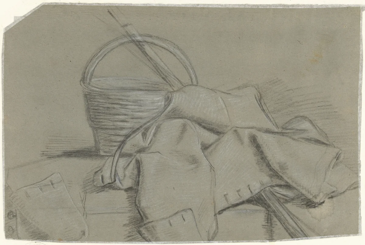 Stilleven met jas en mand by anonymous, drawing, 1610-1630