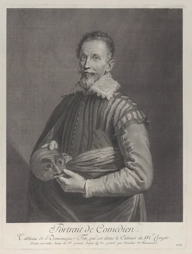 Portrait of a Comedian: portrait of Francesco Andreini holding a mask by Nicolas de Larmessin, print, 1729-1740