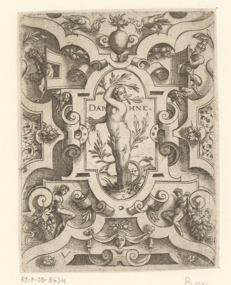 Daphne in een rolwerk omlijsting by Unknown, print, 1524-1562