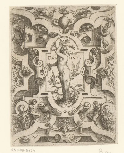 Daphne in een rolwerk omlijsting by Unknown, print, 1524-1562