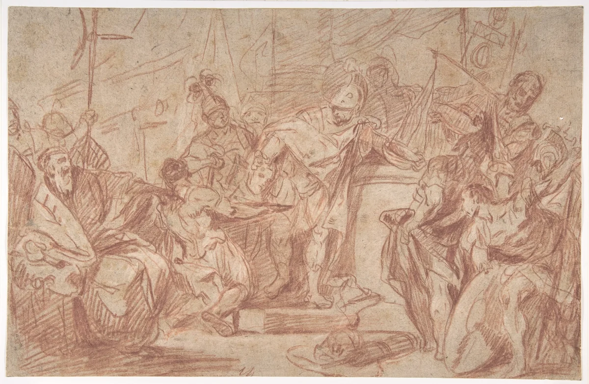 Scene from Ancient History (recto); Leg and Arm of a Nude Male Figure (verso) by Nicola Marcola, drawing, 1738-1770