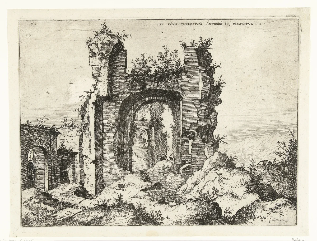 Eerste gezicht op de Thermen van Caracalla by Hieronymus Cock, print, 1551