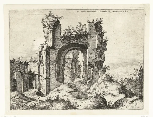 Eerste gezicht op de Thermen van Caracalla by Hieronymus Cock, print, 1551