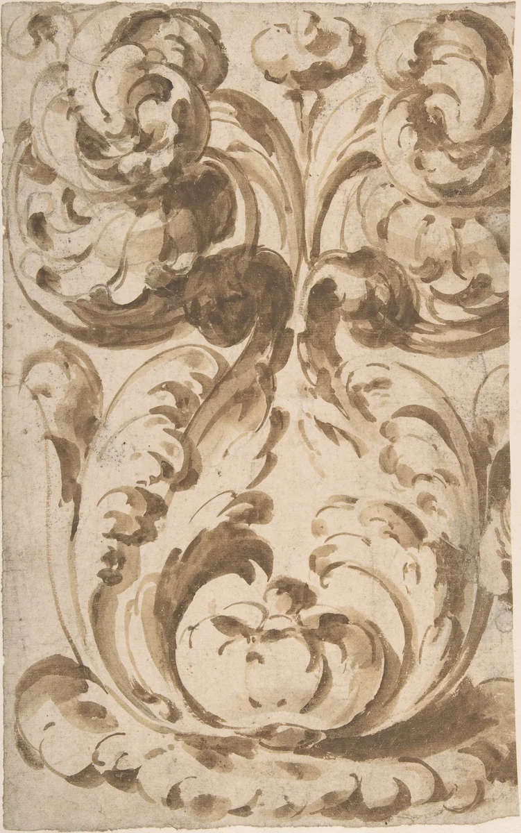 Symmetrical Design of Upward Growing Acanthus Scrolls by anonymous, drawing, 1600-1699