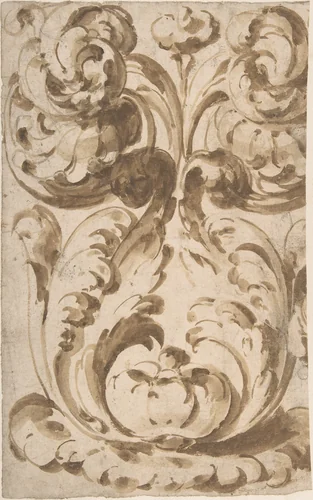 Symmetrical Design of Upward Growing Acanthus Scrolls by anonymous, drawing, 1600-1699