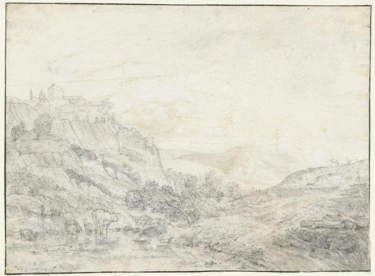 Berglandschap met koeien by Karel du Jardin, drawing, 1632-1678