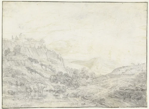 Berglandschap met koeien by Karel du Jardin, drawing, 1632-1678