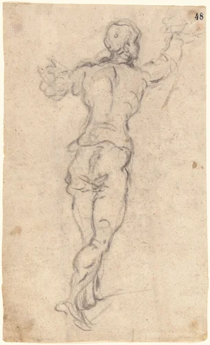 A Striding Youth with His Arms Raised, Seen from Behind by Jacopo Tintoretto, drawing, 1574-1584