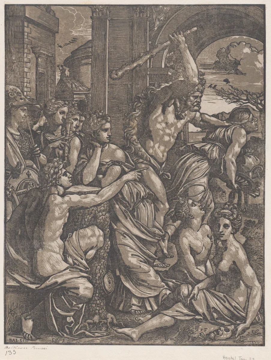 Hercules chasing Avarice from the temple of the Muses by Ugo da Carpi, print, 1515-1525