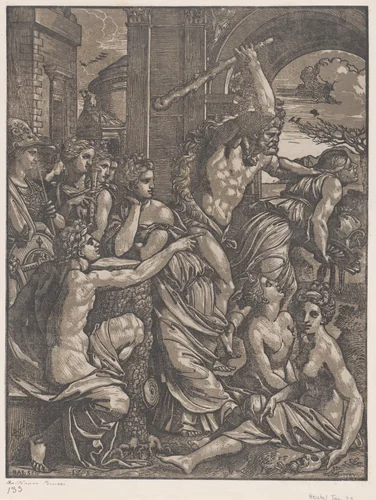 Hercules chasing Avarice from the temple of the Muses by Ugo da Carpi, print, 1515-1525