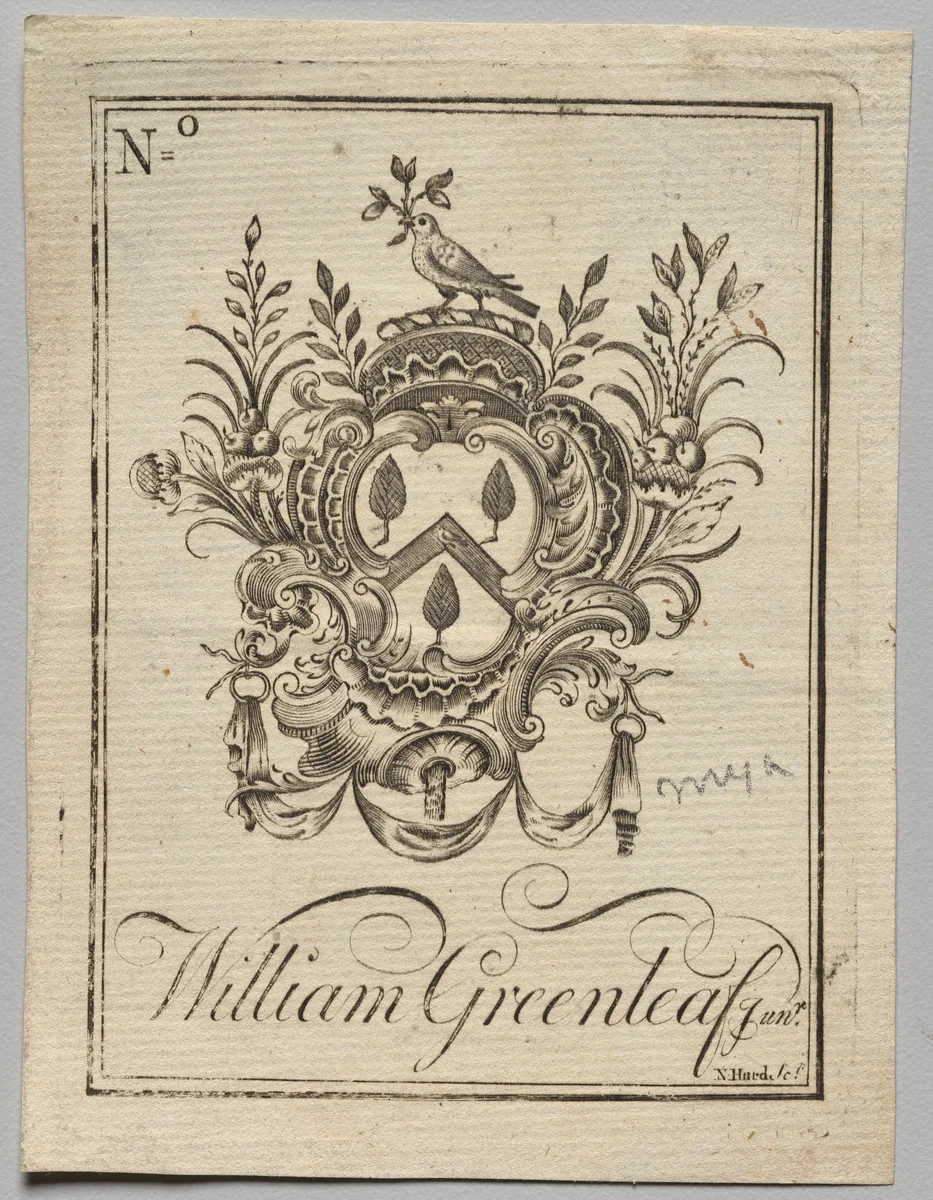 Bookplate: Coat of Arms with William Greenleaf Jun.r inscribed by Nathaniel Hurd, print