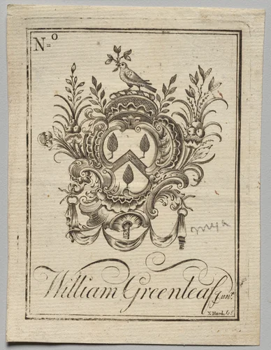 Bookplate: Coat of Arms with William Greenleaf Jun.r inscribed by Nathaniel Hurd, print