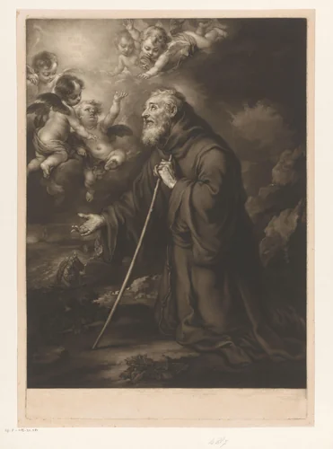 Knielende H. Franciscus van Paola in gebed by James McArdell, print, 1746-1765