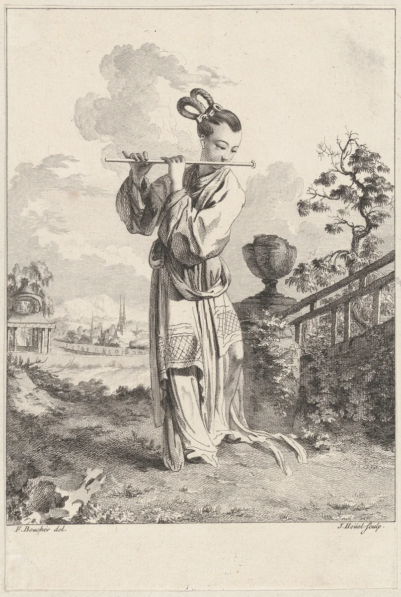 Chinoiserie with a woman playing a flute, from Suite de Figures Chinoises. . .Tiré du Cabinet de Mr. d'Azaincourt (Series of Chinoiserie Figures. . .From the Chambers of Mr. d'Azaincourt) by Jean-Pierre-Louis-Laurent Hoüel, print, 1755-1776