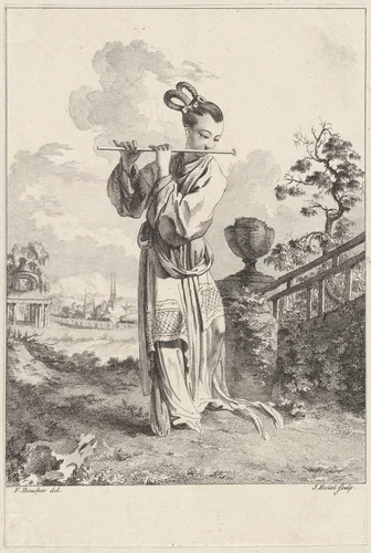 Chinoiserie with a woman playing a flute, from Suite de Figures Chinoises. . .Tiré du Cabinet de Mr. d'Azaincourt (Series of Chinoiserie Figures. . .From the Chambers of Mr. d'Azaincourt) by Jean-Pierre-Louis-Laurent Hoüel, print, 1755-1776