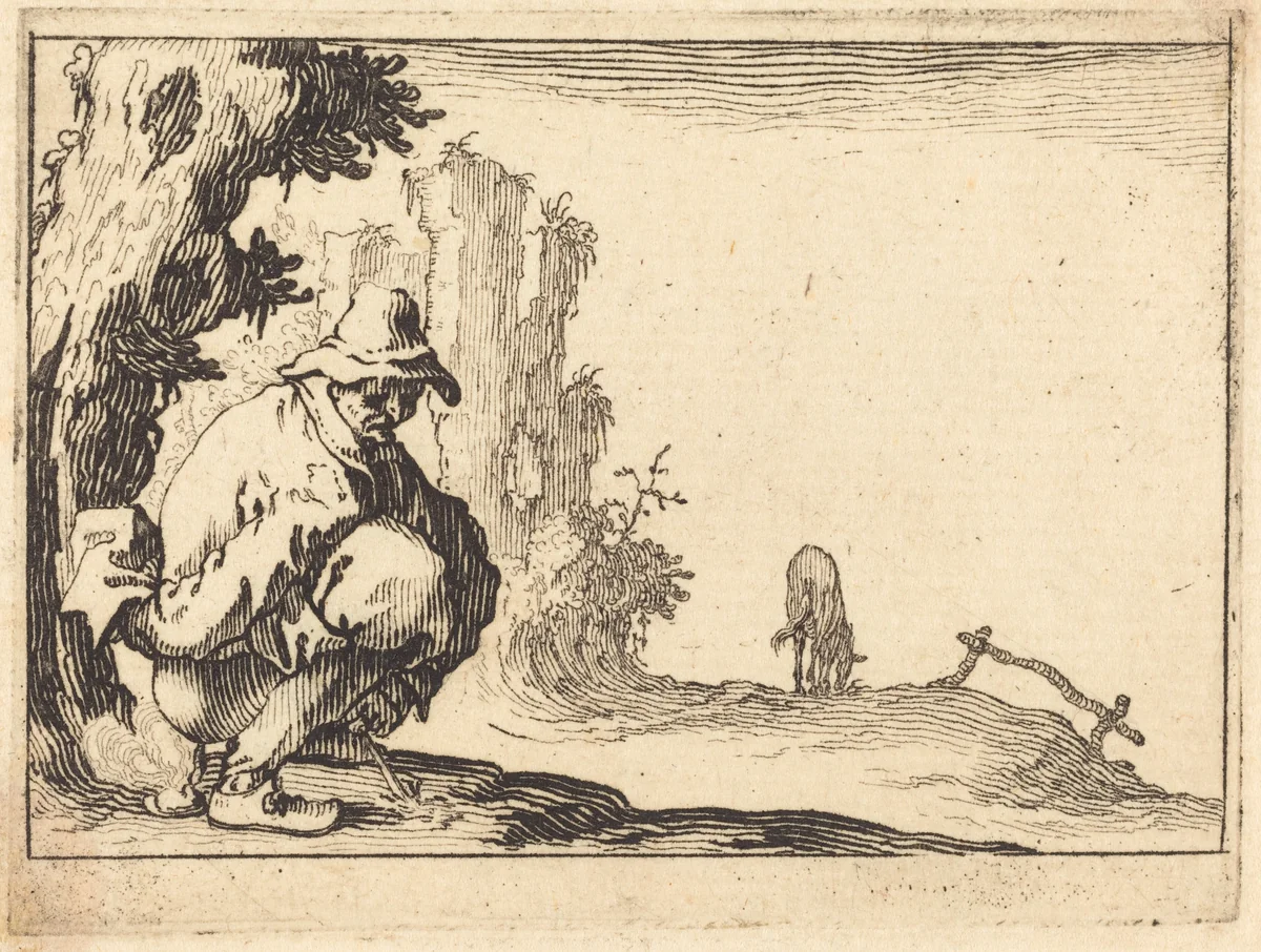 Peasant Defecating by Jacques Callot, print, 1617