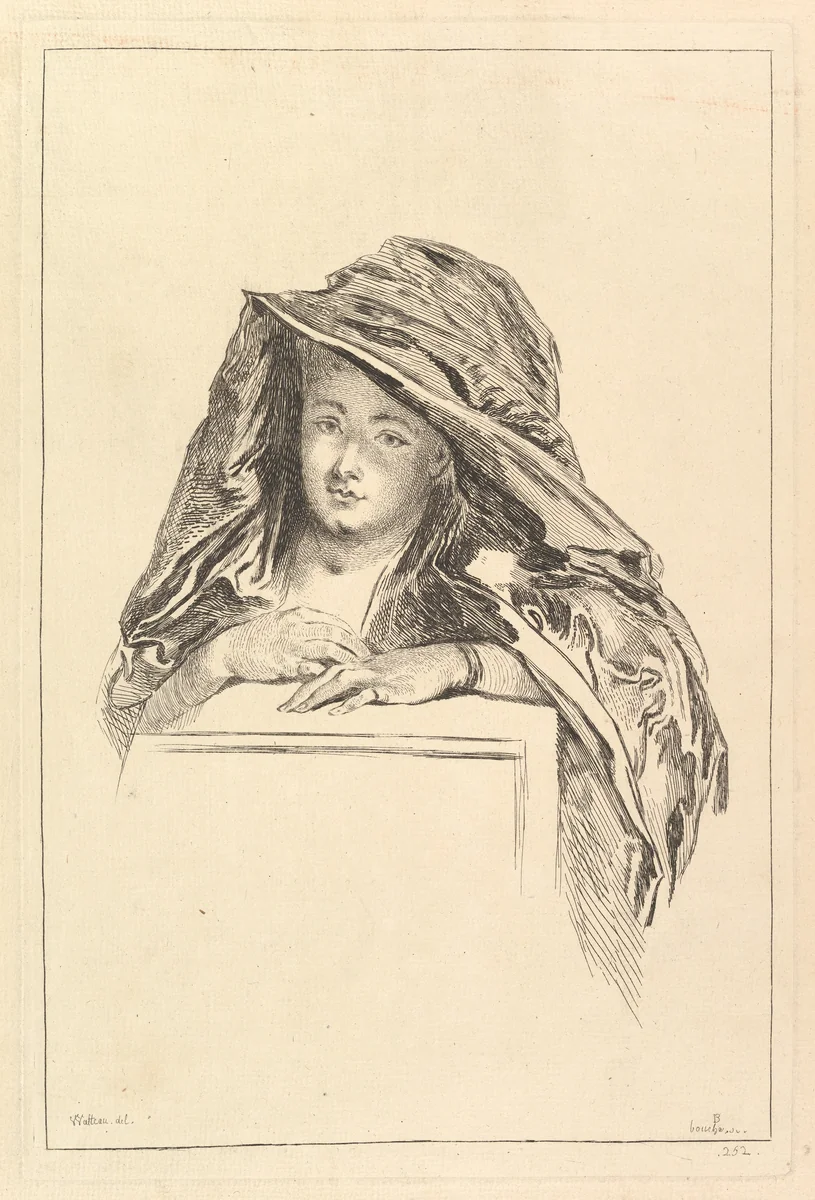 Bust Portrait of a Woman wearing a Hooded Mantle by François Boucher, print, 1703-1770