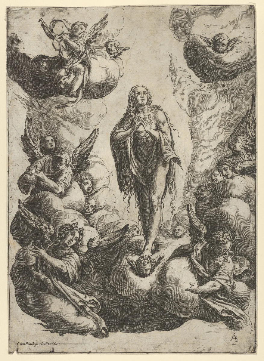 Mary Magdalen standing on clouds, being transported to heaven by angels by Cherubino Alberti, print, 1570-1615