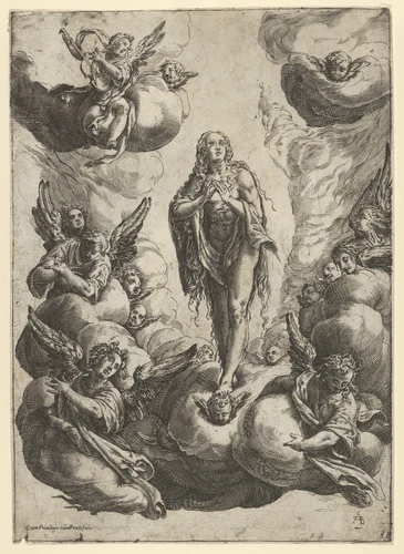 Mary Magdalen standing on clouds, being transported to heaven by angels by Cherubino Alberti, print, 1570-1615